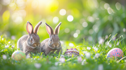 Obraz premium Easter bunnies in grassy field with decorated eggs. Painted eggs and cute bunnies. Symbolising peace, easter and nature.
