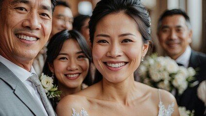 Joyful Asian bride taking a close-up selfie at her wedding, surrounded by guests and flowers.