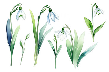 snowdrops isolated on white background, botanical herbal watercolor illustration for wedding or greeting card, wallpaper, wrapping paper design, textile, scrapbooking