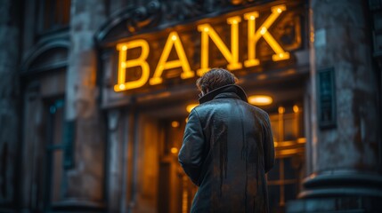 Solitary Figure Approaching Neon-Lit Bank in Evening Ambiance