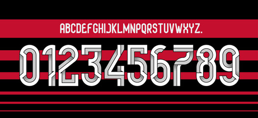 font vector team 2024 - 2025 kit sport style font. football style font with lines. flamengo font. The Mengao. sports style letters and numbers for soccer team. league Brazil. © Ozymandias1927