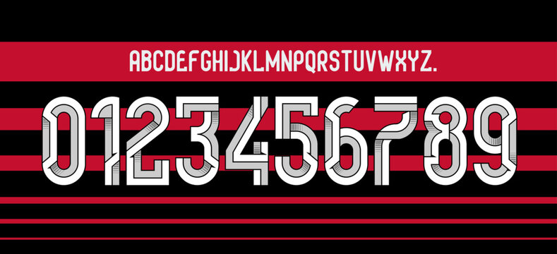 font vector team 2024 - 2025 kit sport style font. football style font with lines. flamengo font. The Mengao. sports style letters and numbers for soccer team. league Brazil.