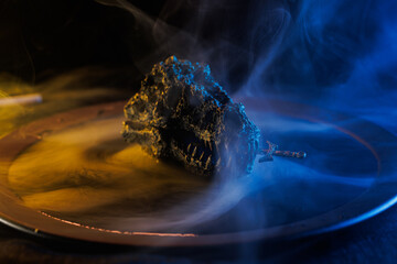 Dragon's skull in a bowl of magic liquid. Colored smoke moves beautifully against on a dark...