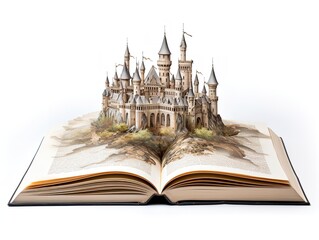 Obraz premium Castle Emerging from Book Imagination and Possibility Isolated on White Background AI Generated