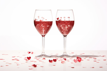 Wine glasses, sparkles and hearts confetti on a white background