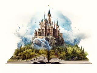 Castle Emerging from Book Imagination and Possibility Isolated on White Background AI Generated