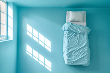 Empty hospital bed in modern hospital room. Minimalist hospital room top view. Clean and empty room ip pastel blue colors with a bed in the new medical center. Copy space for text.