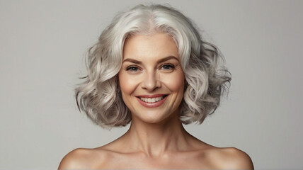 Natural beautiful happy middle aged woman with grey bob hairstyle.