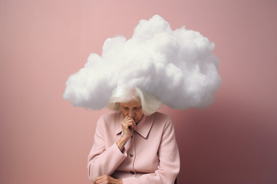 Old woman with her head in cloud. Concept of memory loss, dementia, decreased mind function. Loneliness, time flow, depression, mental health concept. Psychology theme, dreaming. Alzheimer's disease
