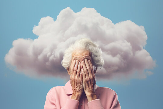 Old woman with her head in cloud. Concept of memory loss, dementia, decreased mind function. Loneliness, time flow, depression, mental health concept. Psychology theme, dreaming. Alzheimer's disease