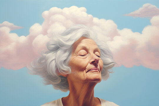 Old woman with her head in cloud. Concept of memory loss, dementia, decreased mind function. Loneliness, time flow, depression, mental health concept. Psychology theme, dreaming. Alzheimer's disease