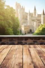Empty wooden table with a blurred historical castle in the distance.