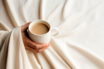 Morning coffee in bed. Hand of young woman with cup of coffee in bed at home bedroom. Morning concept, first things first, enjoying the little things, morning routine, homemade coffee with milk