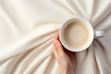 Morning coffee in bed. Hand of young woman with cup of coffee in bed at home bedroom. Morning concept, first things first, enjoying the little things, morning routine, homemade coffee with milk