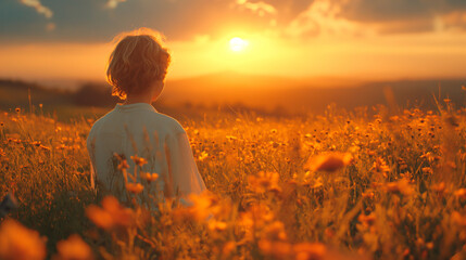 Young boy in the meadow at sunset