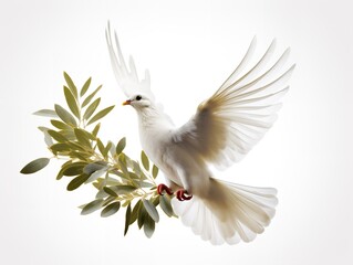 Fototapeta premium Dove Carrying an Olive Branch Peace and Harmony Isolated on White Background AI Generated