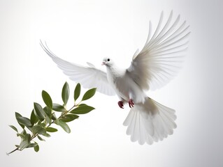 Fototapeta premium Dove Carrying an Olive Branch Peace and Harmony Isolated on White Background AI Generated