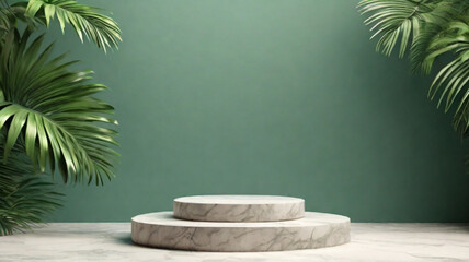 White granite stone pedestal, simple round stand with green tropical plants around. Product presentation concept.	