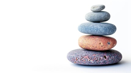 Pebbles balancing on white background. Sea pebble. Colorful pebbles. For banner, wallpaper, meditation, yoga, spa, the concept of harmony, balance. Copy space for text