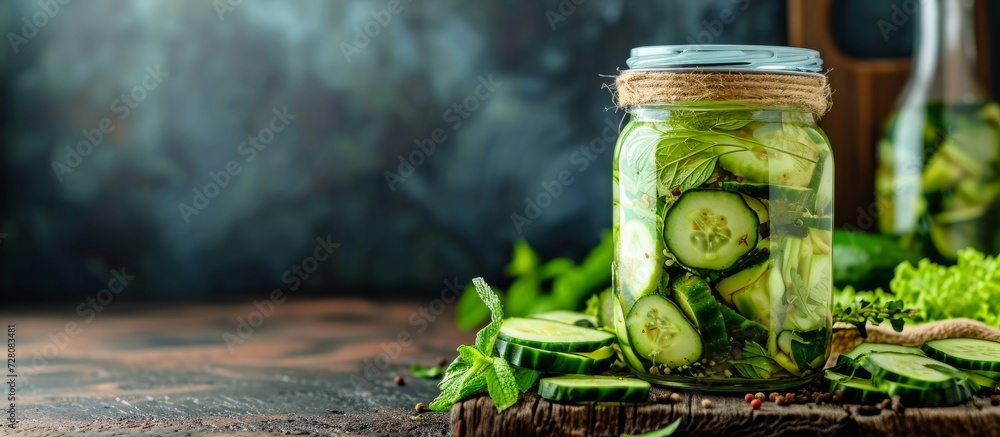 Poster glass jar of fermented cucumbers on a rustic table