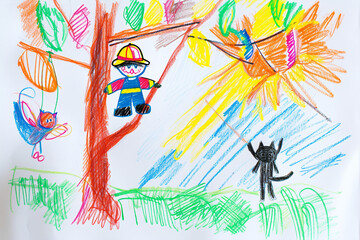 Naklejka premium Brave firefighter saving a kitten from a tree 4 year old's simple scribble colorful juvenile crayon outline drawing