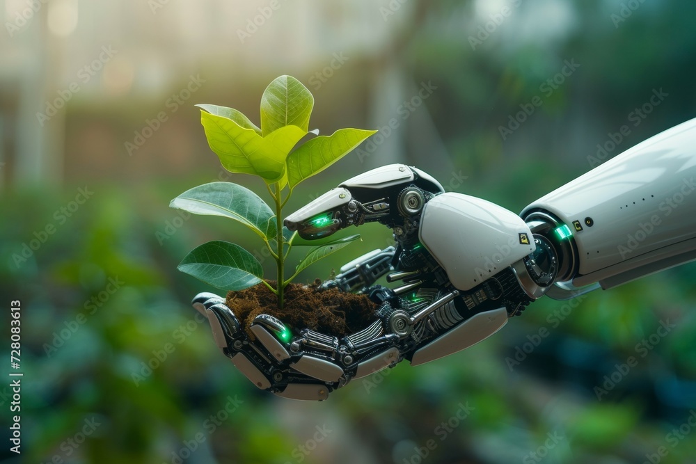 Poster a robot hand works on a modern farm. background with selective focus and copy space