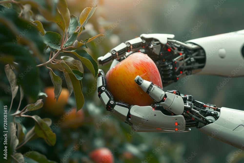 Poster a robot hand works on a modern farm. background with selective focus and copy space