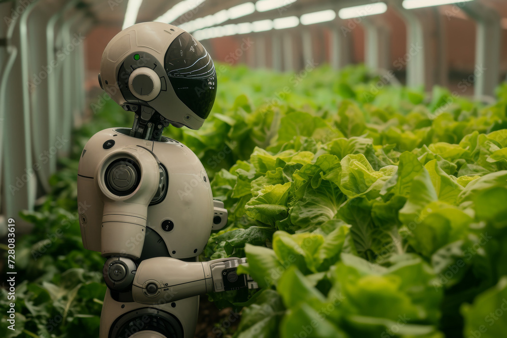 Poster modern greenhouse with robots. background with selective focus and copy space