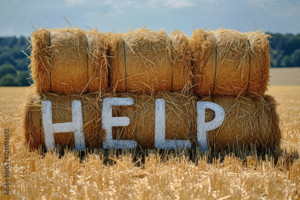 Aufkleber the word help in the hay. background with selective focus and copy space