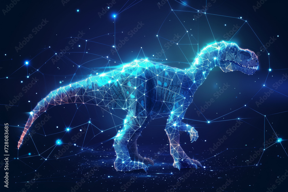 Poster dinosaur hologram made from digital dots. background with selective focus and copy space