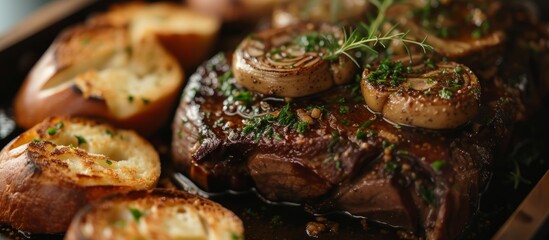 Fototapeta na wymiar Delicious Homemade Roasted Beef with Bone Marrow and Garlic Bread