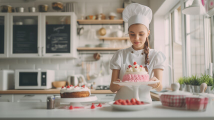 Pastry chef girl in white cloth bakes cream sweet cake in light interior. A girl puts strawberry decorations on sweet cake - obrazy, fototapety, plakaty