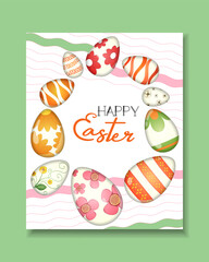 Happy Easter greeting card, poster, background, flyer. Easter glass painted eggs. Pattern for presentation, brochure, banner, templates