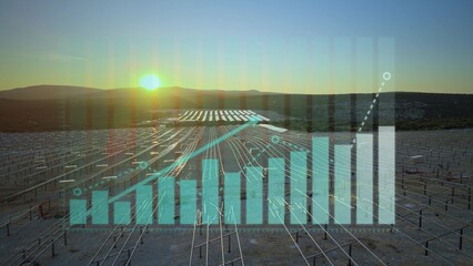 Progression Graph Over New Unfinished Solar Photovoltaic Field At Sunset. Aerial drone shot with graphic