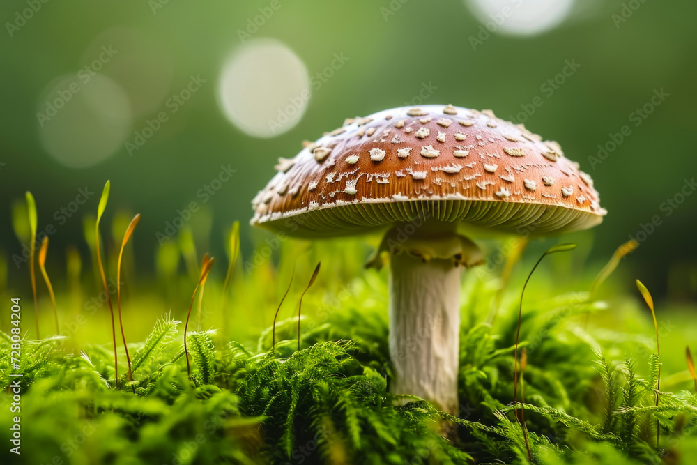 Poster fly agaric in the forest. background with selective focus and copy space