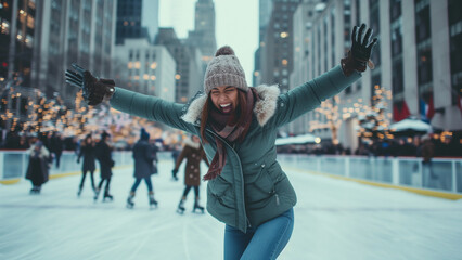 Urban Winter: Happy Woman Skating on City Ice Rink