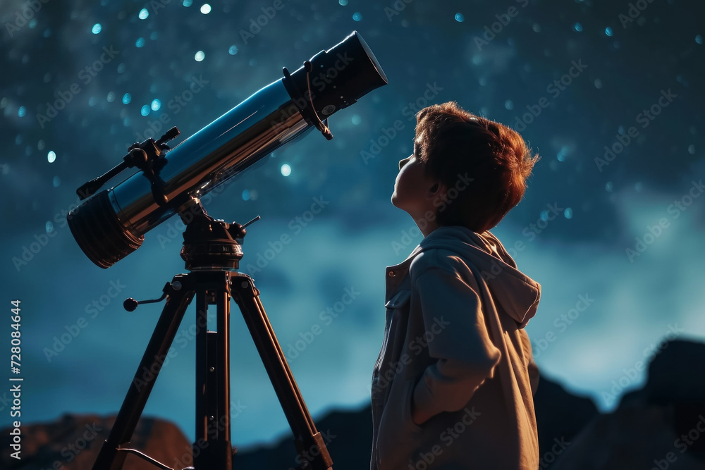 Poster boy in the dark of the night with a telescope. noise as an artistic technique. background with selec