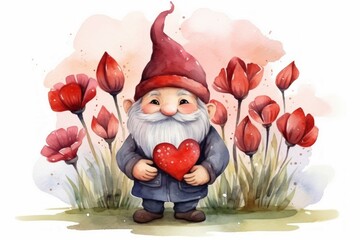 Cute watercolor gnome. Background with selective focus and copy space