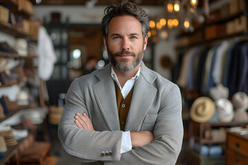 A well-dressed male business owner stands confidently in his boutique clothing shop, arms crossed