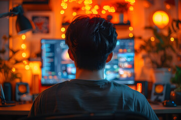 Fototapeta premium Anxious young Asian man observing ransomware attack words on his computer screen at home from behind
