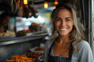 close up shot, a young and beautiful female local restaurant owner confidently smiles at the camera inside her restaurant - obrazy, fototapety, plakaty