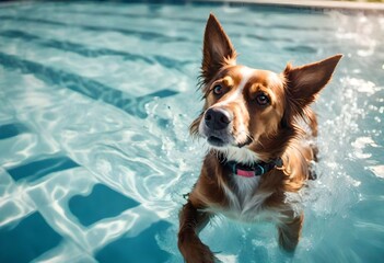 cute dog paddling swimming in a pool in the summer. - obrazy, fototapety, plakaty