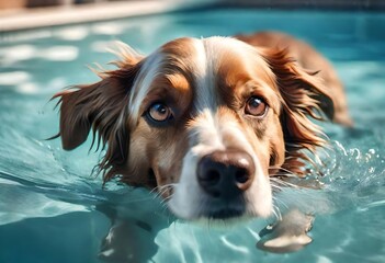 cute dog paddling swimming in a pool in the summer.