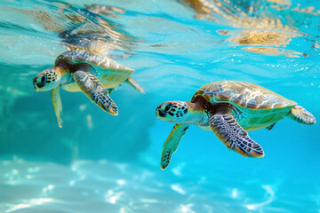 Whimsical sea turtles underwater, a magical and underwater scene featuring sea turtles gracefully swimming in clear blue waters.