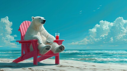 polar bear is sitting on pink plastic chair on the beach and enjoying a refreshing cold drink. Surreal concept for summer holidays. Generative AI - obrazy, fototapety, plakaty