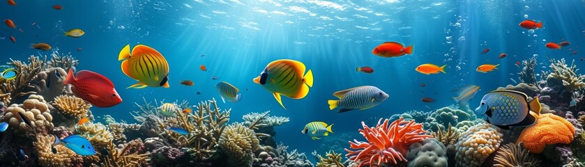 Fototapeta na wymiar exotic fishes swimming in the sea or in aquarium. Colorful background. Generative AI