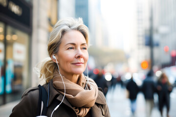 middle-aged woman, listening to music while strolling through the city with a coffee to go