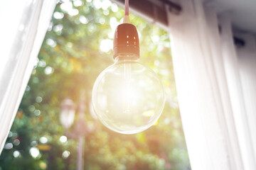 Natural sunlight and glowing light bulb indoors. Green foliage of trees outside