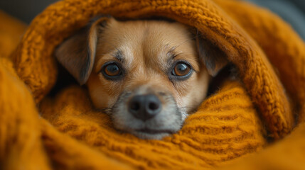 Dog rapped in a orange blanket