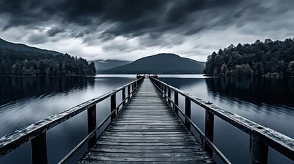 wooden bridge over lake. Generative AI © anna